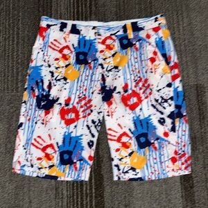 Men’s Hreski Abstract Paint Hands Multicolored Golf Shorts Size 32 Cotton Blend